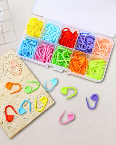 150 peças de marcadores de ponto de bloqueio, ganchos de crochê e tricô de plástico de 10 cores com caixa de armazenamento de 10 compartimentos - contadores de pontos seguros para artesanato