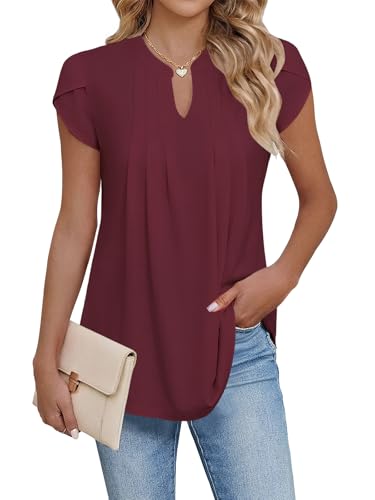Cuptacc Camiseta Manga Corta Mujer Elegante con Pliegues Y Flores Blusa Mujer Verano Casual Camisetas T Shirts Rojo Vino, XXX Large XXXL