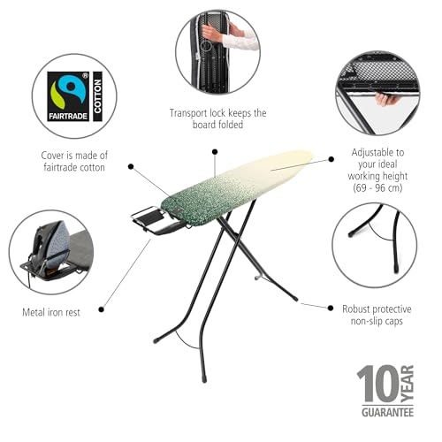 Image of Brabantia Compact Ironing Board with Left /Right Adjustable Steam Iron Rest | Small (Size A) | Fairtrade New Dawn Cover | Adjustable Height (27-38 inch), Easy Fold, Anti-Collapse Lock, Non-Slip Feet