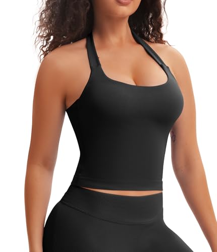 Comper Halter Workout Tops for Women Longline Strappy Tops with Built in Bra Backless Sports Workout Top with Removable Paded Black - image 1