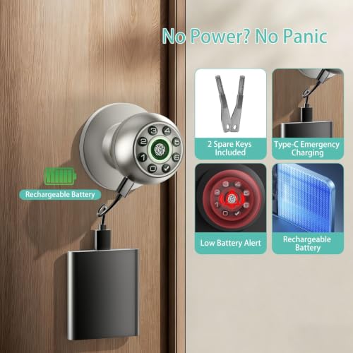 Image of Fingerprint Door Lock Biometric Keypad Smart Door Knob | Bedroom Passcode Handle, Home Office