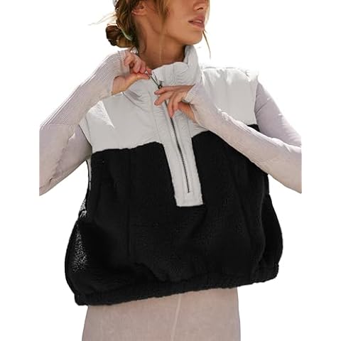 Yeokou Women Fleece Sherpa Vest Cropped Half Zip Sleeveless Warm Fuzzy Contrast Color Outwear Vest Kangaroo Pocket(Black-L) Cover