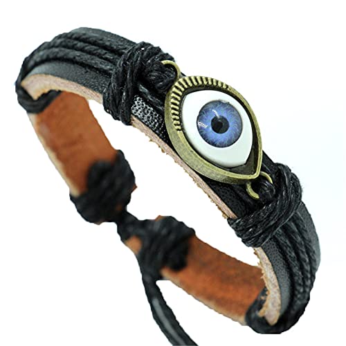 Bracelet en cuir tressé yeux bleus homme femme ajustable tendance