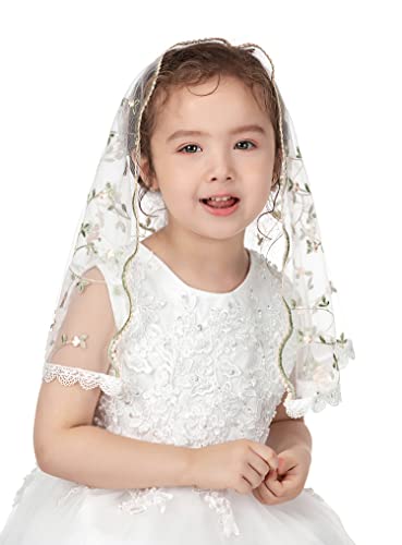 PAMOR First Communion Veils for Girls Lace Chapel Veil Mantilla Veils Latin Lass Church Veil for Catholic Baptism D Shape (White D)