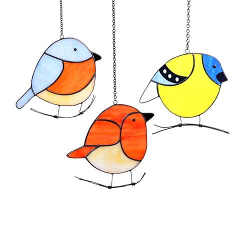 3 Pack Birds Stained Glass Suncatchers, Handmade Cute Window Hanging Decor