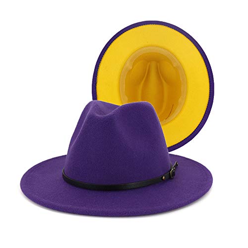 Eric Carl Wide Brim Fedora Hats for Women Dress Hats for Men Two Tone Panama Hat with Belt Buckle/Bowknot Band (Medium, Outer Purple)
