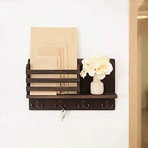 Wall Key/Mail Organizer with Key Hooks and Bibb Mail Storage (Brown)