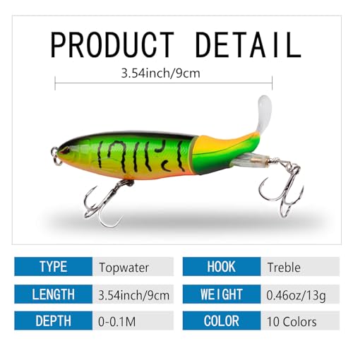 Rtgse 10Pcs Whopper Fishing Lure For Bass Popper Top Water Fishing Lures With Floating Rotating Tail Barb Treble Hooks In Saltwater Freshwater Plopping Lures Kit thumb #2