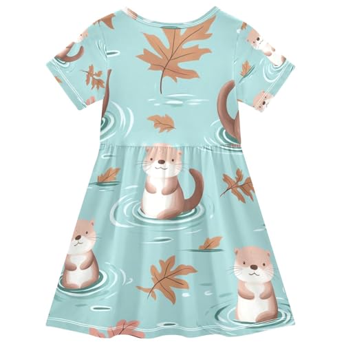 Cute Otters Girls Short Sleeve Dresses, Cotton Short A-line Dress2