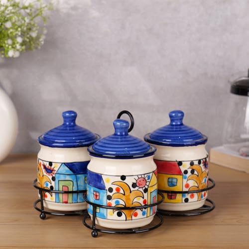 Image of Niyara Handcrafted Ceramic Pickle Jar Set, Premium Metal Tray & Lids - Multipurpose Storage for Pickles, Chutneys, Spices & Condiments (Set of 3, 300 ml with metal tray, home print)