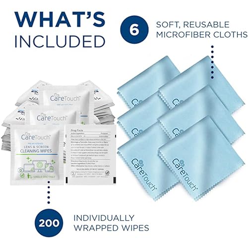 Image of Care Touch Lens Cleaning Wipes with Microfiber Cloths - 200 Lens Wipes for Eyeglasses & 6 Microfiber Cloths - Glasses, Camera Lenses, Screens, Eye Glasses Cleaner for Cleaning Eyeglasses