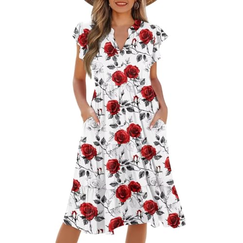 Image of Women's Casual Ruffle Sleeve Dress V Neck Pullover Dress Flowy A-Line Pleated Lightweight Dress with Pockets