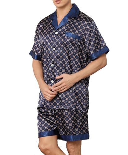 Pyjama en soie simulée pour hommes à revers élégant et short confortable
