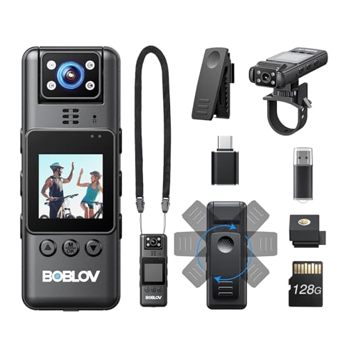 بوبلوف كاميرا جسم صغيرة A23، كاميرا جسم 125GB مع عدسة دوارة، عمر بطارية يصل الى 9 ساعات، كاميرات الجسم مع حامل دراجة، رؤية ليلية، مشبك 360 درجة، حبل قصير للمشي وركوب الدراجات والمغامرات الخارجية