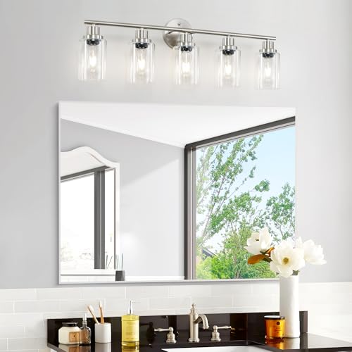 Image of 5-Light Bathroom Vanity Lights, E26 Modern Brushed Nickel Bathroom Light Fixtures with Clear Glass Shade, Mirror Kitchen Hallway Cabinet Living Room Sconces Wall Lights