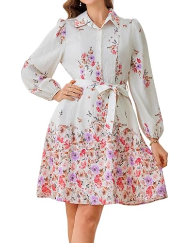 Image of Women Long Sleeve Spring Button Down A-Line Floral Print Summer Cocktail Shirt Dresses with Belt