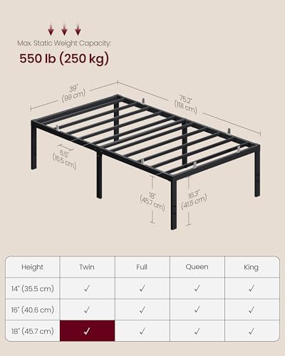 Image of VASAGLE Twin Metal Bed Frame 18 Inches Tall, 550 lb Weight Capacity, No Box Spring Needed, with Under-Bed Storage, Easy Setup, Heavy-Duty Platform Bed, Mattress Retainers, Matte Black URMB673BD02S