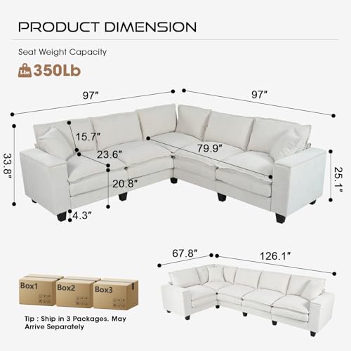 Image of 97 inch L Shaped Couch Corner Sofa, 5 Seater Oversized Cloud Couch with 2 Pillows Chenille Modular Sectional Sofa Armrests with Two Hidden Storage Space Sectional Couches for Living Room Beige