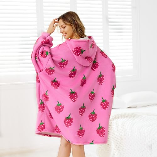 MIZZEO Microfiber Wearable Blanket, Oversized Light Wearable Blanket Hoodie for Adults, Cozy Soft Warm Plush Hooded Blanket Gifts for Women, One Size Fits All (Strawberry)