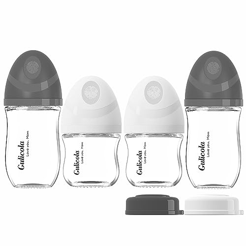 Gulicola Natural Glass Baby Bottle Newborn Gift Set, 3 Oz And 5 Oz With Extra Slow Flow & Slow Flow Nipple, 0-3 Months, 4 Pack, Black/White, Unisex #TOP4