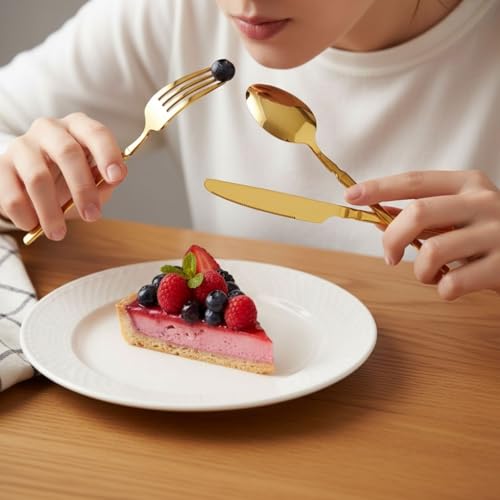 Image of 15 Pcs Gold Cutlery Set for Dining Table the Perfect Lightweight Silim Handle Tableware Including Dinner Spoon, Dinner Fork, Dinner Knife, Dessert Spoon & Dessert Fork