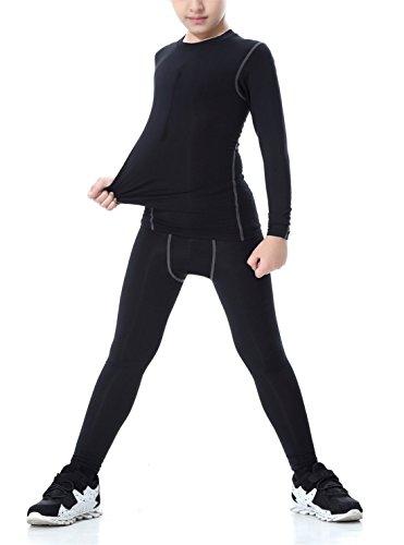 Niños & Niña Set de Ropa Térmica Compresión Camiseta De Manga Larga+Pantalones Leggings Gimnasio Aptitud Ropa Interior Conjuntos Suave y Transpirable (Negro 140) Cover