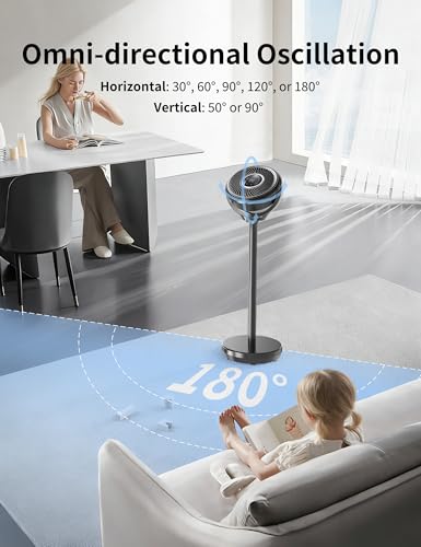 Image of Standing Fan for Bedroom, Omnidirectional 180 Oscillating Quiet Pedestal Floor Fans, 20dB Ultra Quiet DC Cooling Fan Blows Cold Air with Remote, 15 Speed, 3 Modes, 12H Timer, 15-38 inch Height Adjustable