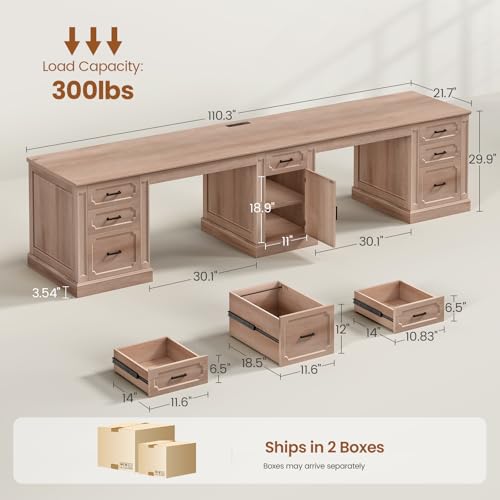Image of SEDETA Farmhouse 110.3 inch Two Person Desk with 7 Drawers, Long Computer Desk with Storage Cabinet, 2 Person Desk with Power Outlets for Home Office, Oak