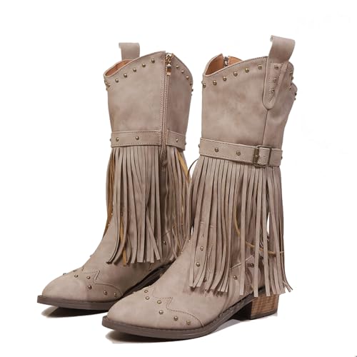 Women's Fringe Rivet Western Cowboy Mid Calf Boots with Side Zipper Fashion Buckle Strap Pointed Toe Chunky Heel Tassel Cowgirl Boots for Country Music Festivals Party Riding Boots