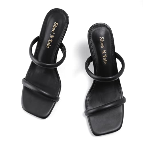 Shoe'N Tale Women's Strappy Heels Kitten Heeled Mules Two Straps Square Open Toe Slip On Sandals4