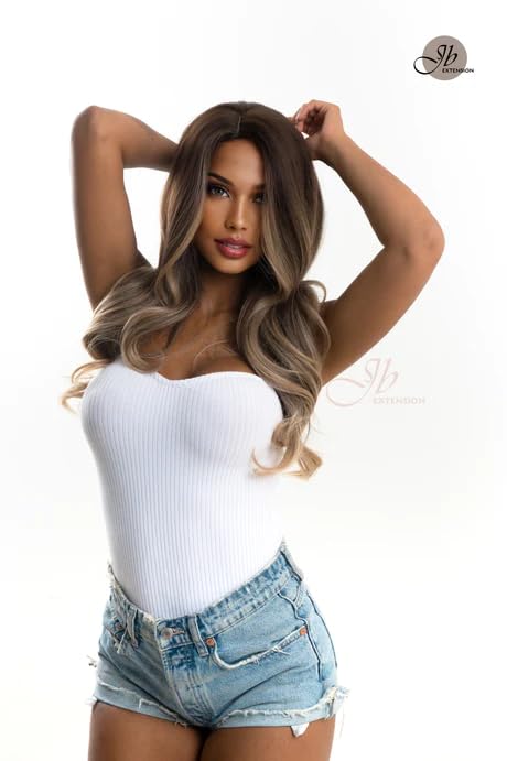 Miniatura 2 de KATTY - Peluca larga y rizada de color marrón oscuro con reflejos ondulados, sin pegamento, pelucas sintéticas naturales para uso diario (pelucas de