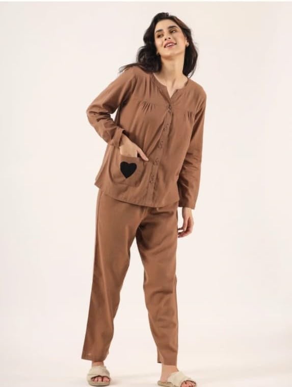 Satlok Fashion Women’s Cotton Pajama Set Long Sleeve Button-Down Top and Pants with Heart Detail, Loungewear Sleepwear
