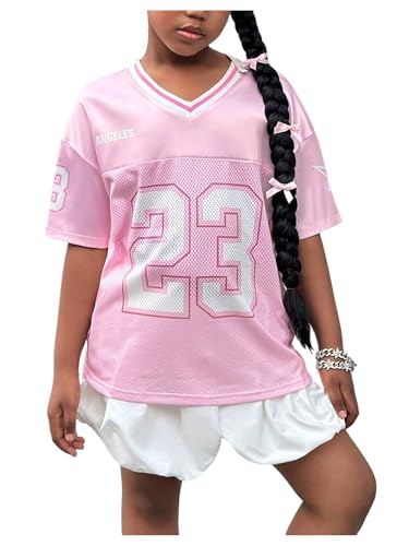 Image of WDIRARA Girl's Number Graphic Jersey Shirts Short Sleeve V Neck Tees Oversized T-Shirt Tops