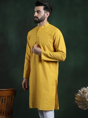 Image of SOJANYA (Since 1958 Men's Pure Cotton Checked Embroidered Long Kurta | Traditional for Diwali Celebrations