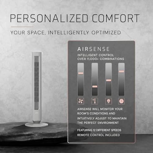 Image of Lasko Pinnacle 40 inch DC Tower Fan for Bedroom, Living Room, Home Office - 32 ft /s Airflow, 50 ft Distance, 90 Oscillation - AirSense, 12 Speeds, Night Light - Quiet 24 dBA - Remote, Gray