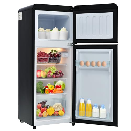 Refrigerador retro de doble puerta 92 litros congelador de 28 litros frigorífico-congelador combinado 116 kWh/año -27 °C ~13 °C iluminación LED mininevera para dormitorio color negro