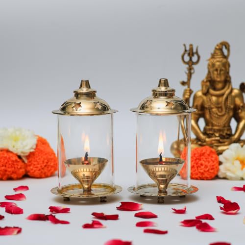 Image of Klassic Akshi Navjyoti 4-Inch Brass Diya with Borosilicate Glass Shade for Home & Mandir, Decorative Brass Oil Lamp Lantern Diya with Glass Cover, Wick Holder & Gold Lid (Pack of 2, Golden)