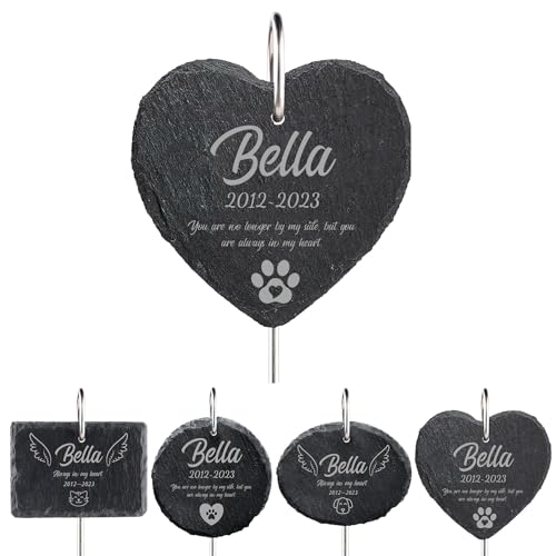 papasgix Personalisiert Grabstein Hund Katze Herzform Tiergrabstein Schiefer mit Gravur Grabschmuck Wetterfest mit vielen Motiven Gedenkstein für Haustiere Tiere (Hook+Grau Heart)