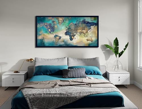 Image of Large World Map Canvas Prints Wall Art for Living Room Office inch29x58 inch Green World Map Picture Artwork Decor for Home Decoration Black Framed Wall Art