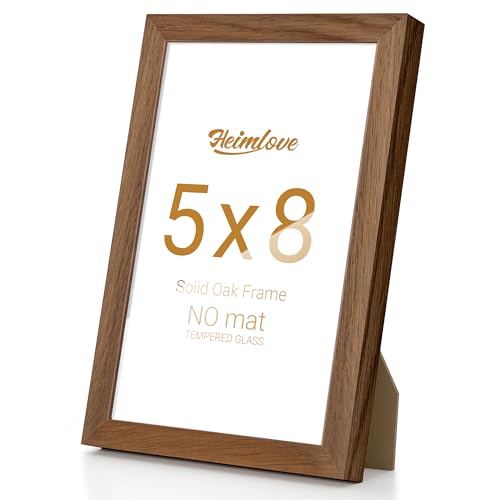 Heimlove 5x8 Picture Frame Solid Oak Wood 5x8 Premium Frames for Wall Hanging or Tabletop Photo Frames 5 x 8 Natural with No Mat Tempered Glass Wall Kit Walnut Color