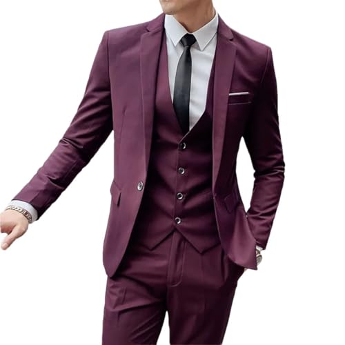 Men (Suit + Vest + Trousers) Three-Piece Solid Color Korean Version of The British Slim-Fit Weddin Suit