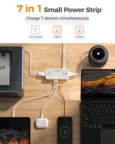 image for Flat Plug Extension Cord 5 FT, TESSAN Surge Protector Power Strip with