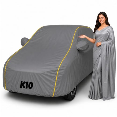 Image of Waterproof Car Body Cover for K10 All Weather Protection Comes with Inner Cotton Lining & Triple Stitched with Mirror & Antenna Pocket Belt & Elastic Fit Grey with Yellow Piping