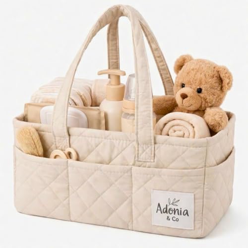 Adonia & Co Diaper Caddy Organizer – Large Nursery Storage Basket for Newborn Essentials – Portable & Machine Washable (Beige)