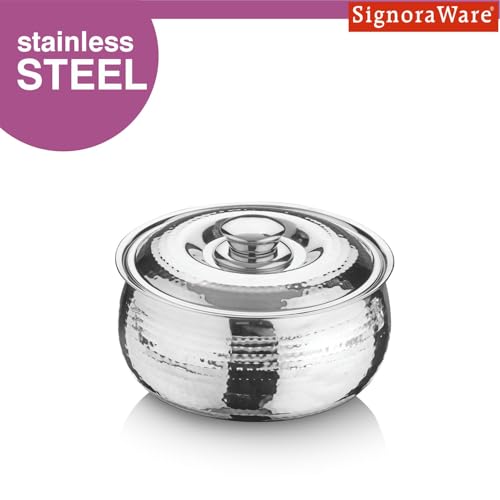 Image of Signoraware Hot Delight Hammered Stainless Steel Casserole | Airtight Lid | Retain Freshness | Great For Travelling or Small Gatherings | Perfect For Hot Curry, Chapatti & Rice (1 Ltr | Steel)