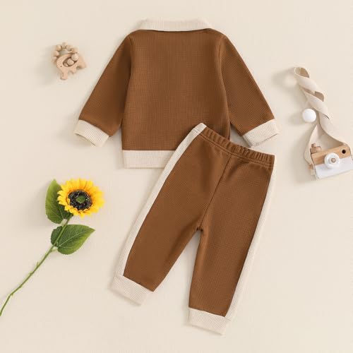 Kuriozud Toddler Boy Fall Clothes Baby Long Sleeve Lapel Button Shirt Color Block Pants Set Baby Boy Winter Outfit3