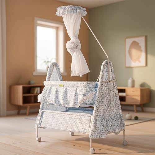 Image of BAYBEE Cradle for New Born Baby with Mosquito Net, Portable Jhula Palna, Foldable Crib, Infant Uyyala with Storage Basket, 360 Locking Wheels (Blue)