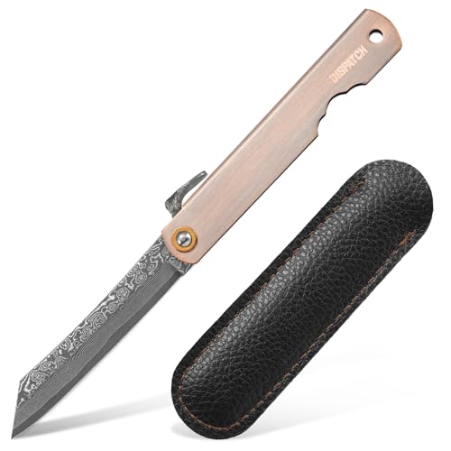 EDC Folding Knife 2.8" Damascus Steel Blade, Bronze Handle