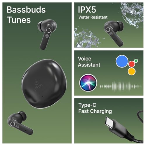 Image of pTron Bassbuds Tunes V2 In-Ear TWS Earbuds with Stereo Sound, 40Hrs Playtime, Stereo Calls, Bluetooth V5.3 Headphones with Quick Pairing, Touch Control, Voice Assistant, Type C Charging & IPX5 (Black)