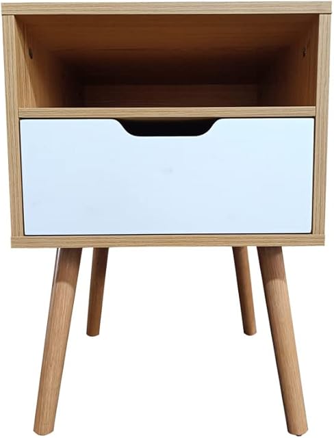 locallocal Bedside Table, Wood Nightstand Cabinet with Storage Drawer and Shelf, Oak White Lamp Side Table End Table for Bedroom Living Room, Solid Wood Legs, Natural